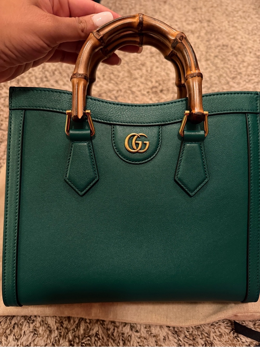 Gucci Diana Green Leather Bamboo Handle Satchel with Gold GG